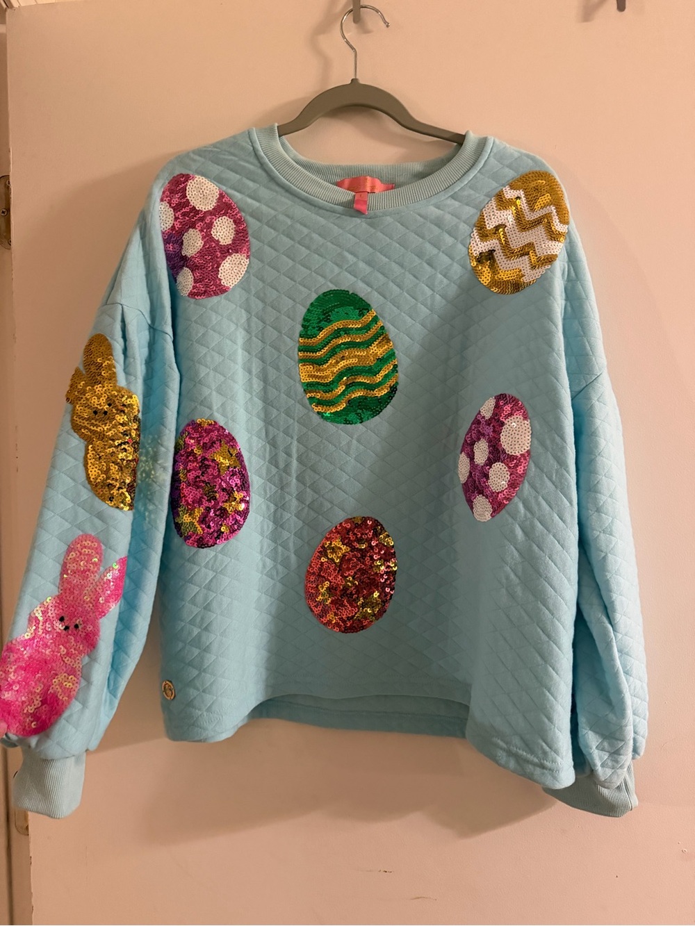 Sequin Easter Egg Quilted Pullover - Light Blue